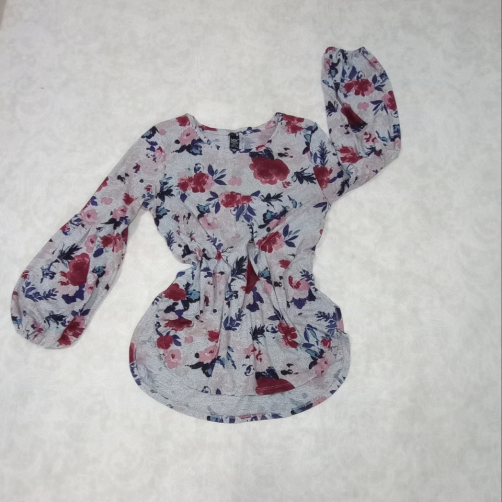 LILDY Grey Gray Floral Long Bishop Sleeve Sweater
